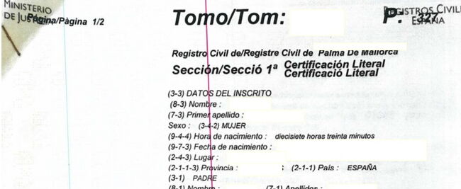 Beispiel einer spanischen Geburtsurkunde (Certificación literal de nacimiento)